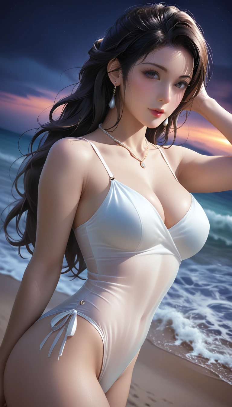 score_9, score_8_superior, score_7_superior, Masterpieces with up to 16K resolution,Highest quality,it is really amazing,Very detailed,Ultra-high resolution,(Ultra-realistic:1.1),(Realistic:1.1),Increased depth of field,Cinematic lighting,
Elegant Japanese MILF,
Long black hair,Ultra-detailed and beautiful faces,Translucent white skin,Very detailedな肌,
(Elegant white swimsuit:1.1),
Bold design,Artistic design,Beautiful and detailed pattern,Detailed fabric texture,
Gorgeous necklace,Earrings,
(Bali Beach:1.1),(Dark beach at night:1.1),(Deserted beach:1.1),(A pitch black night sky with dark clouds:1.1),
(Dutch Angle:1.1),