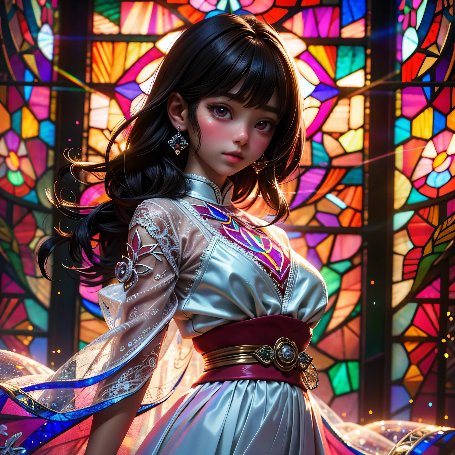 SFW, concept art, Tiny junior idol, (Detailed Delicate lace knitted white clothes), (nipple:-0.9), face closeup, (Elaborate stained glass Background:1.37), (((Renbutsu Misako), colorful Light shines through delicate stained glass:1.2, vivid red colors, Luminous Particles, light Particles))(Acutance:0.8). (ProfessionalPhoto:1.2),(ultra-detailed:1.37), (Extremely detailed KAWAII face variations, innocent expression variations), rosy cheeks, intricate detailed eyes with sparkling highlights, long eyelashes with volume, subtle blush on the face. Mystic sight, haze, Impeccable Radiant PearlSkin with Transparency, captivating gaze, ((Dynamic-angle)), whole Body proportions and all limbs are anatomically accurate . (Exposed:0.64)