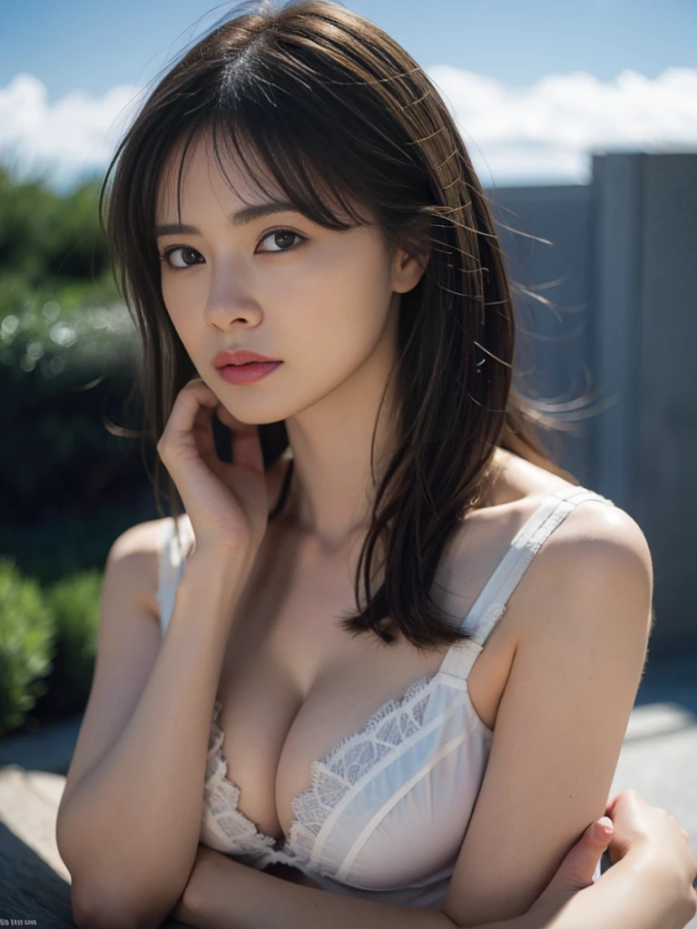 1 girl, woman, Masterpiece, best quality, Highest quality, movie light, (Volumetric light), very detailed CG unity 8k wallpaper, focus, 8k wallpaper, very detailed, ultra realistic, realistic, Sharp focus, nonsense, (HDR:1.2), (high contrast), photograph, Detailed and complex, Instagram, Portrait, Highly detailed, digital painting, art station, concept art, smooth, Sharp focus, illustration, movie light, naturally large breasts, (Wear a bra) , Eyes looking at the viewer, Too realistic, (Showing cleavage), middle shoulder, (cowboy shot), masterpiece, realistic hands. [The character is surrounded by mist, evoking a mysterious and eerie atmosphere. The lighting is dark and atmospheric, with smoke adding a touch of sinister ambiance. Best quality image, HDR enhancement, showcasing the utmost level of detail and realism, full body shot:1.5]. [8K, Best Quality, Ultra High Resolution, (highly detailed CG unity 8k wallpaper), (best photo), (best shadows), isometric 3D, octane rendering, ray tracing, highly detailed, (Best quality, 4K, 8k:1.2), absurdity, ultra detailed, (realistic, photorealistic, photorealistic:1.37), complex parts, HDR, (complex parts:1.12), (hyper detailed, hyper realistic, Soft lighting, spicy:1.2), (complex parts, Hyper detailed:1.15). Blurred foreground. (backlit), masterpiece, high quality, brightness, chromatic aberration, foggy smoke, shadows, contrast, clear sky, (warm hue, warm tone), high details, natural reflections]. (YES SFW), many details.