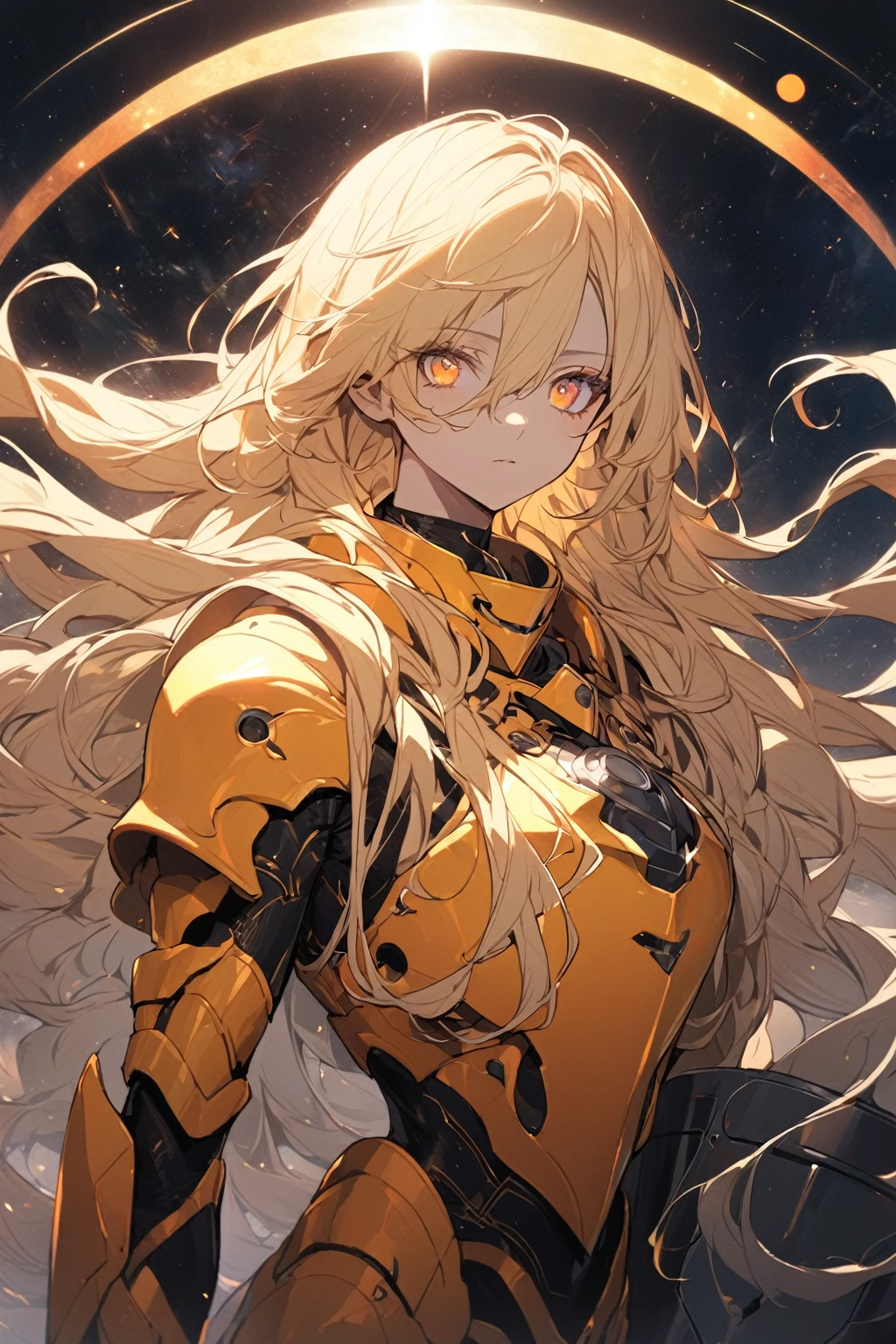 1 girl, light orange eyes, very long wavy light yellow hair, flowing hair, orange spot on the eye, dressed in light yellow armor, looks at the viewer, strict gaze, muscular physique, against the background of the cosmic sky, next to the sun, beautiful, detailed, metal shield, delicate tones