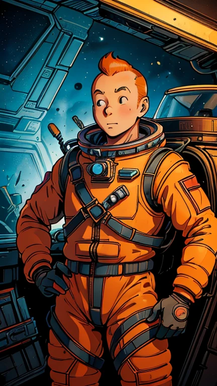(s:1man: Tintin), (extremely detailed CG unit 8k wallpaper),(master part), (best quality), (ultra detali), (best illustration),(by OtomoArt), cowboy shot, (Sharp eyeliner, ombre, detailed eyes:1),Dark midnight derelict spaceship interiors background, ,break , (astronaut in an orange space suit), upper body, short hair, orange hair