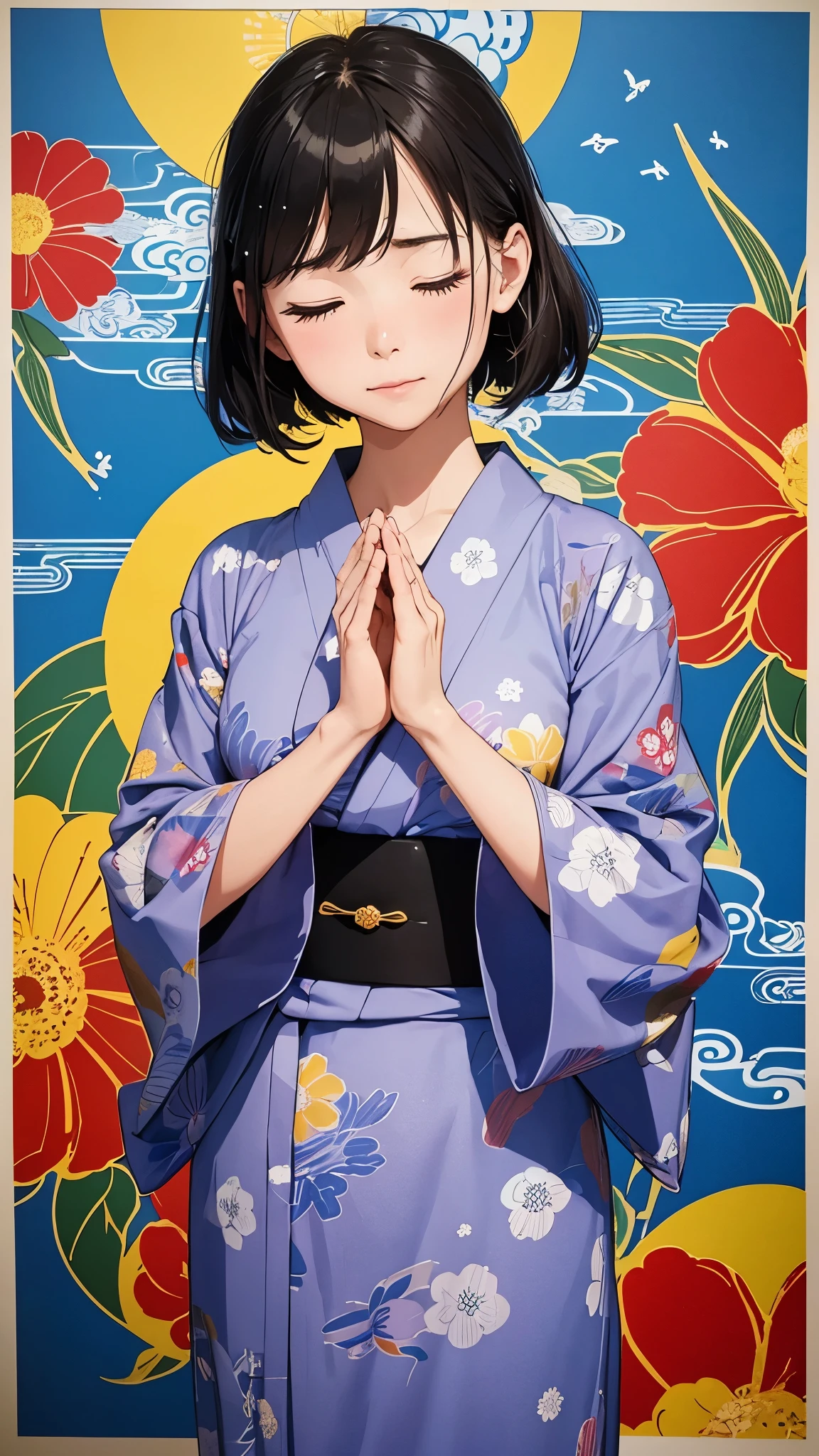 (masterpiece, Highest quality:1.1), (Popart Style),Flat Color,One Woman、yukata,Japan,Osaka、Hozenji Alley、Water-sprinkling immovable、I am praying、Hands together、Eyes closed、Portrait Photography, sharp,An illustration:Don'unreadable,