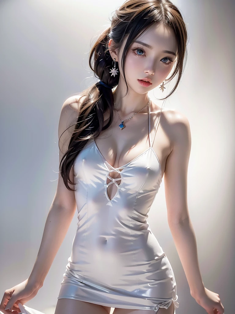 8k,Confused, High resolution, Very detailed, 1 girl, alone, Very beautiful eyes, Ultra-precise depiction, artistic、Very detailed depiction, (Tangled:1.2), , (White high key background:1.5), (((Tight mini dress 1.5))), 、 Tie your hair up、Earrings and Necklaces、, (Glowing Skin), Many colors, , (:1.2),、Flat Body、slim、cute、、、Cast a Shadow、、、、(((Dynamic pose 1.5)))、(((Sex Appeal、sex appeal、Ecstasy)))、