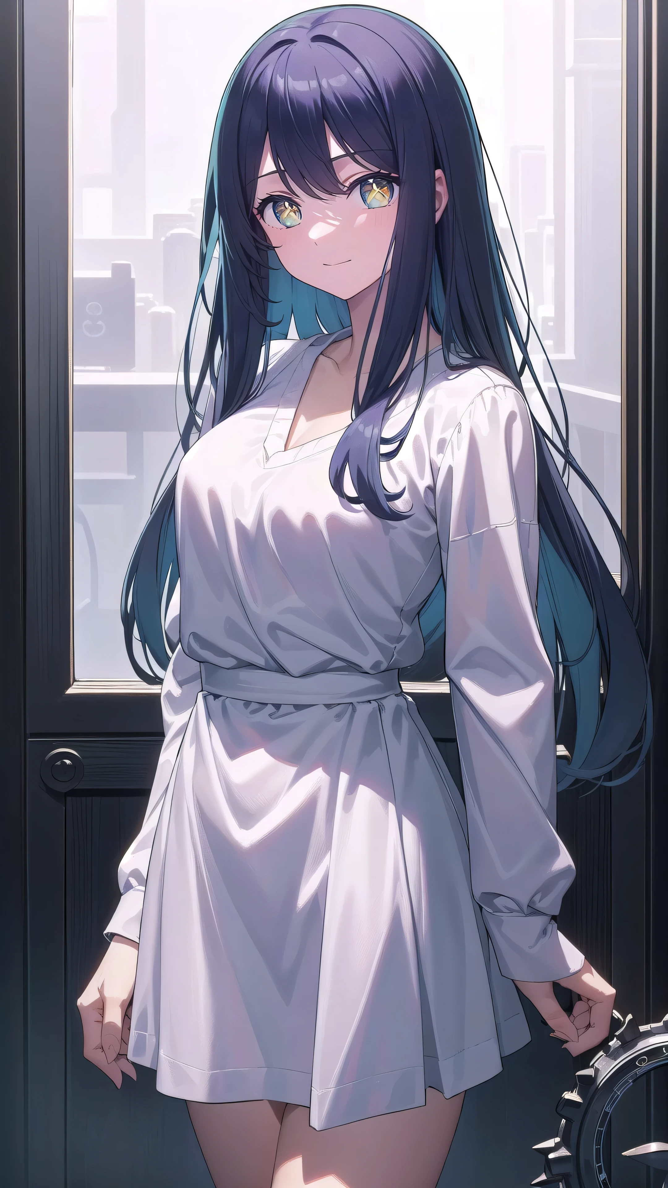 aihoshino, Ai Hoshino, Long Hair, bangs, (Purple eyes:1.1), Blue hair that is almost black, ((Symbol-shaped pupil:1.5)), smile,
break long sleeves, White shirt, ribbed White shirt キャミソール, White Camisole,Black mini skirt,
break indoors,
break looking at viewer, (Cowboy Shot:1.5),
break (masterpiece:1.2), Highest quality, High resolution, unity 8k wallpaper, (figure:0.8), (Beautiful attention to detail:1.6), Highly detailed face, Perfect lighting, Highly detailed CG, (Perfect hands, Perfect Anatomy),