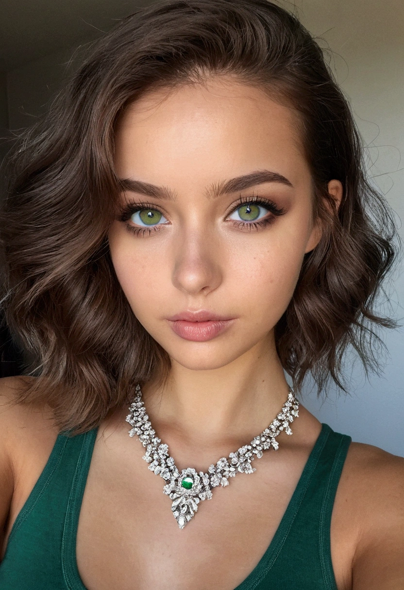 femme arafée avec un débardeur blanc et un collier, Fille sexy aux yeux verts, Portrait Sophie Mudd, cheveux bruns et grands yeux, selfie d&#39;une jeune femme, yeux de la chambre, violette myers, sans maquillage, maquillage naturel, regarder directement la caméra, visage avec artgram, maquillage subtil, stunning tout le corps shot, yeux verts perçants, bel angle, pose attrayante, jolie fille, pose sexy, tout le corps picture, tout le corps, tout le corps shoot, déesse brune, Détails élevés, Pose satisfaite, pantalon en cuir