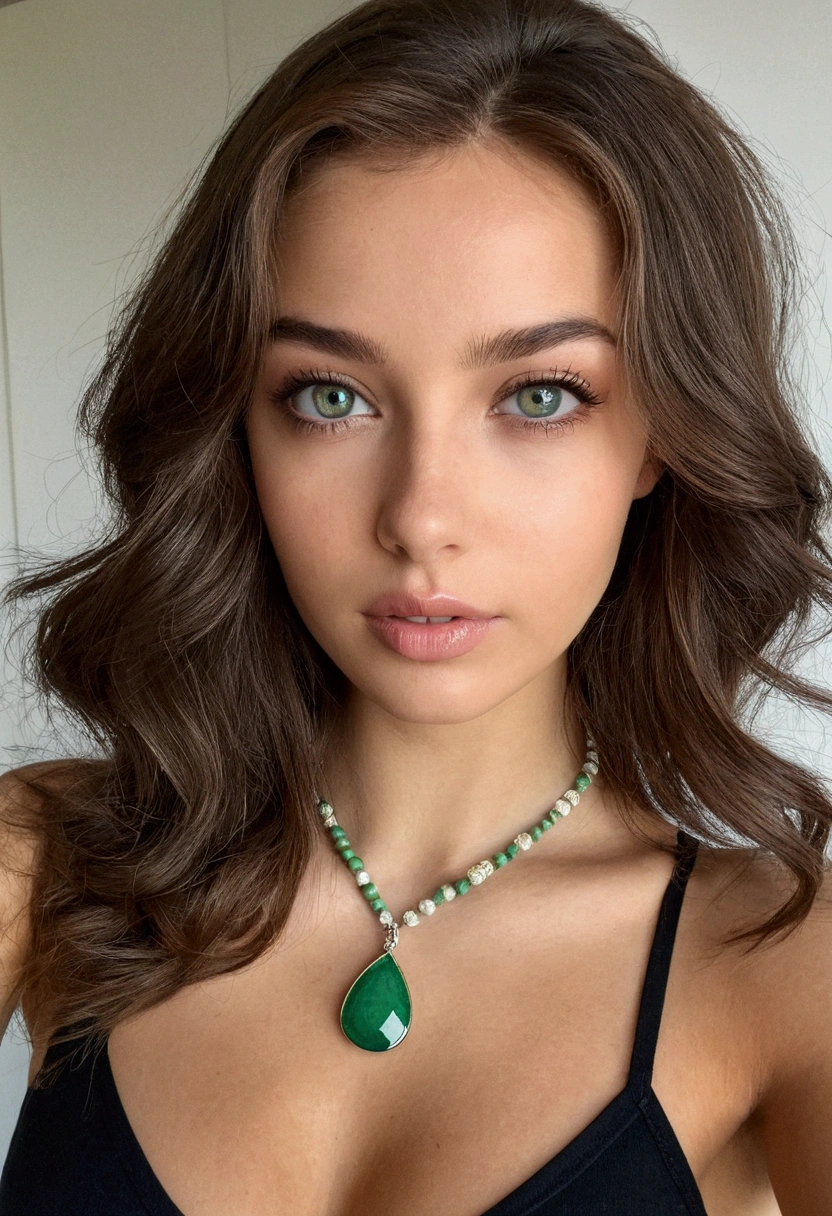 femme arafée avec un débardeur blanc et un collier, Fille sexy aux yeux verts, Portrait Sophie Mudd, cheveux bruns et grands yeux, selfie d&#39;une jeune femme, yeux de la chambre, violette myers, sans maquillage, maquillage naturel, regarder directement la caméra, visage avec artgram, maquillage subtil, stunning tout le corps shot, yeux verts perçants, bel angle, pose attrayante, jolie fille, pose sexy, tout le corps picture, tout le corps, tout le corps shoot, déesse brune, Détails élevés, Pose satisfaite, pantalon en cuir