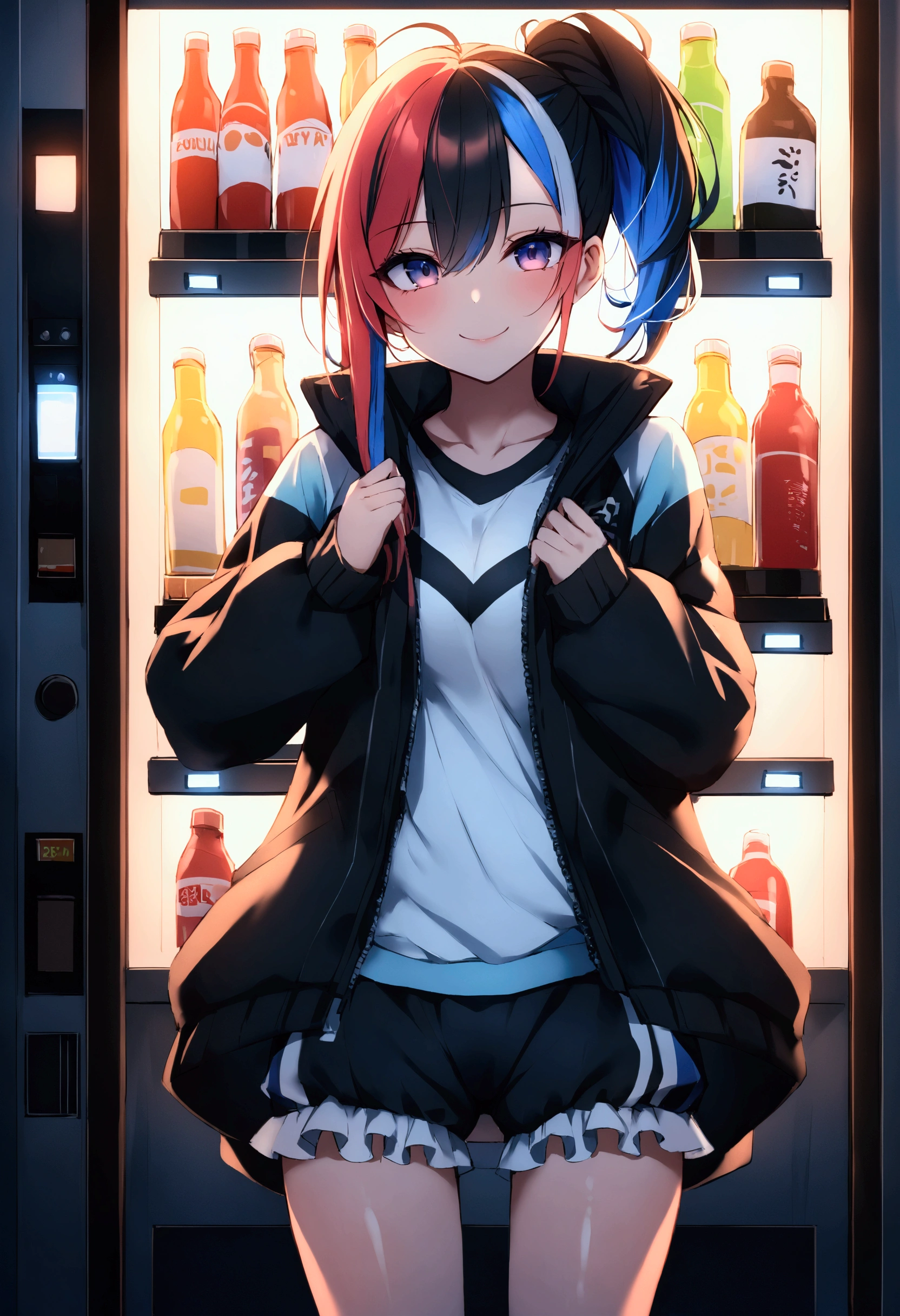 score_9、score_8_up、score_7_up、source_アニメ、1 person、solo、Staring at the audience、LucyKushinada、Multicolored Hair、Asymmetrical Hair、Multicolored eyeakeup、Sportswear、Sports Bra、Jacket、Outdoor、（vending machine）、Hands on hips、Spread your legs、Bloomers、Cloudy、wood、smile、Close your mouth