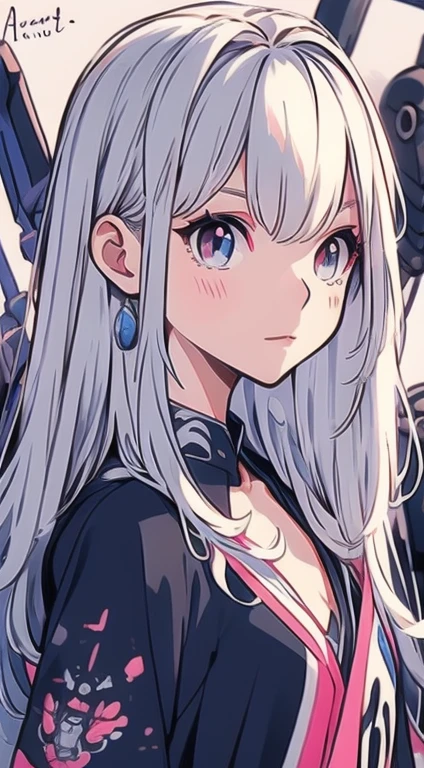 A man in his fifties with pink and white hair and a pink and white helmet, Detailed digital anime art, Best anime 4k konachan wallpaper, アニメMecha aesthetics, Highly detailed digital art in 4K, robot mech female head, Wallop and Krentz Kuschaert, Highly detailed anime, Mecha aesthetics, Advanced Digital Animation Art