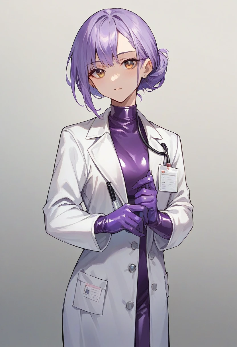 1girl, bangs, ((purple medical gloves)), ((purple surgical gloves)), ((purple latex gloves)), ((((long sleeves)))), ((white surgeon outfit)), looking at viewer, ((white doctor outfit)), standing, solo