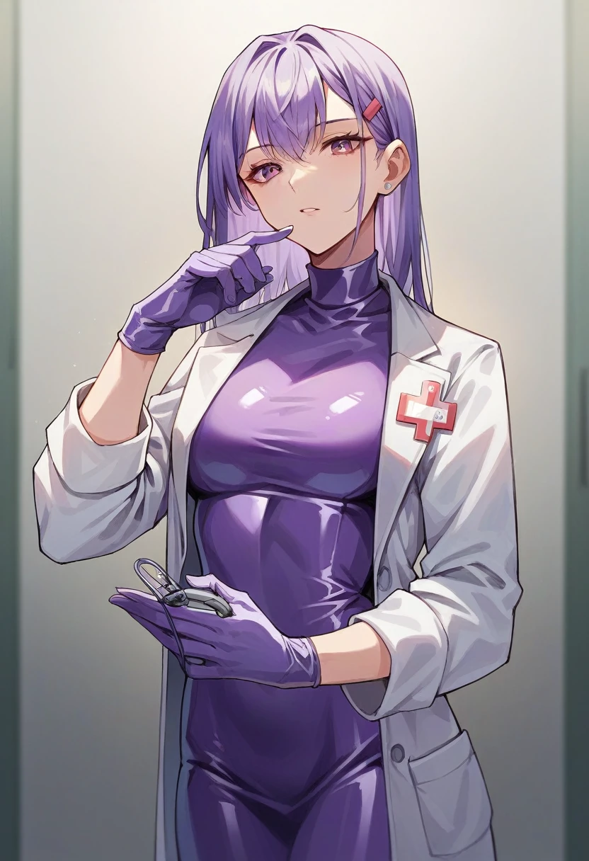 1girl, bangs, ((purple medical gloves)), ((purple surgical gloves)), ((purple latex gloves)), ((((long sleeves)))), ((white surgeon outfit)), looking at viewer, ((white doctor outfit)), standing, solo