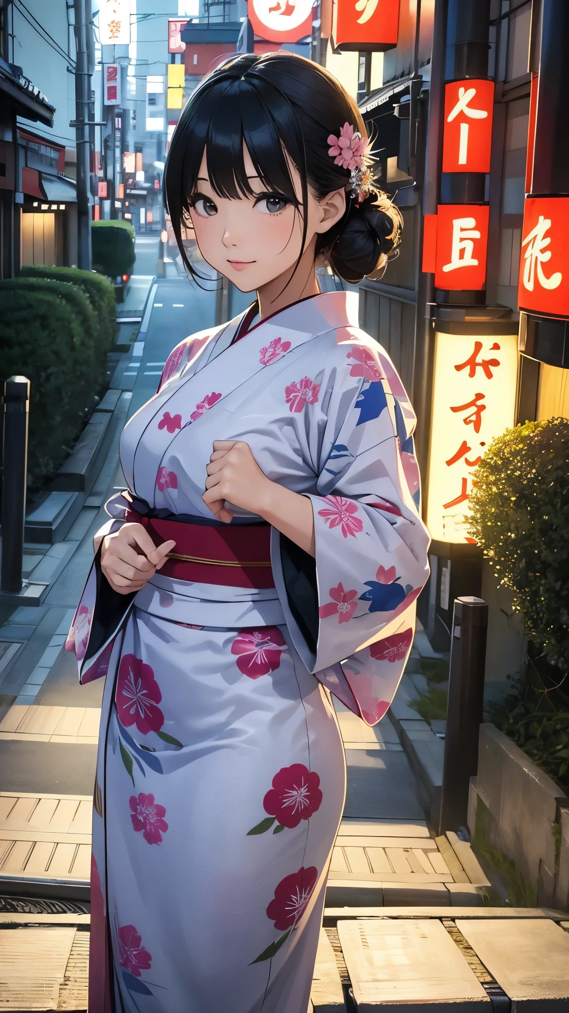 (masterpiece, Highest quality:1.1), (Popart Style),Flat Color,One Woman、yukata,Japan,Osaka、Tsutenkaku Tower、 Beautiful and detailed scenery, Beautiful lighting,very happy,Dynamic pose,Portrait Photography, sharp,An illustration:Don'unreadable,