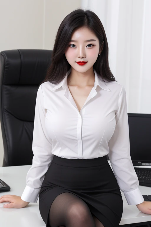 A young Korean beautiful girl, 20-year-old, sexy girl, strikingly beautiful, black hair, big breasts, delicate facial features, porcelain skin, red lips, expressive eyes, alone,Beauty、beautiful woman、big breasts、big breasts、slim body shape、business suit、 wearing pantyhose,girl wearing a shirt, wearing a suit, big breasts,big breasts、slim body shape,business attire, wear a shirt and skirt, business attire、various positions、office、sit