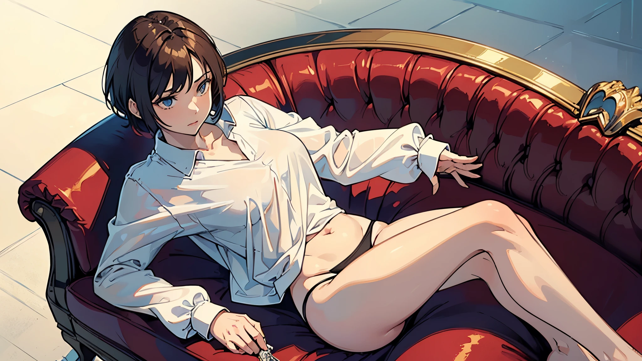 masterpiece,(Perfect Anatomy:1.5),from below, highest quality, a beautiful girl, slender, leggy, ((very short hair)), brown hair, (wear a white long sleeved shirt:1.5), white bikini panties , Perfect hands, Perfect body, reclining, lying on a sofa, throw her legs over the sofa, shirt lift, (barefoot), stare blankly into the distance, seduction, ((Exquisite detail)), Very finely crafted fingers(((10 fingers))), (full body showcase), (Show your whole body), (no background), (No logo), (from above) , high resolution, see her private part , see her belly button, telephoto lens