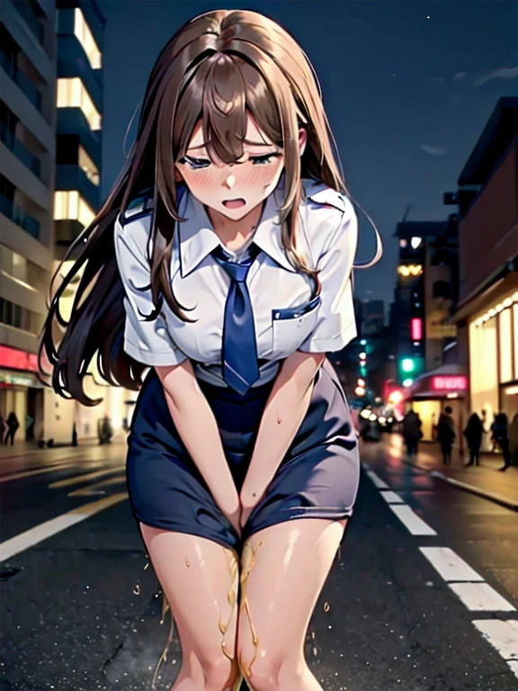 Browsing Caution, (masterpiece, Highest quality, Highest quality, Very detailed:1.6), Very detailed CG ユニティ 8k 壁紙, Strong expression, (Sharp Eye:1.2), (Make a frown:1.1), (Embarrassing, blush:1.3), (vapor:1.8), (Wet:1.2), (Sweat:1.1), (trembling:1.3), (Open your mouth, Contorting the mouth:1.4), (Half-open eyes:1.5), (Weak:1.5), (Shoot from the front, View your viewers:1.2), (Leaning forward,Close your knees, Place your hands between your legs, 足に流れるPee:2), (((Grab the groin))), (Behind him is a Japanese police car.), (Downtown Street, Outside the police vehicle, Next to the police car), (1 female, Outdoor, Police uniform:1.4), ((Blue Shirt, Pencil Skirt)), The background is a street corner, shoes, (Long Hair, Brown Hair, pubic hair, brown:1.5), (woman trembling with sexual climax:1.5), (at midnight), night, At dawn, colorful, whole body, Wide Shot, Perfect composition, urination, incontinence, Urinating, Pee self, たくさんのPee, having an accident, 足に流れるPee, Put panties around one leg, (((Peeの流れ))), (Pee水たまり), Wetting herself, Peeの染み, Pee, blush, trembling, Embarrassing, Large Breasts, 黄色いPee, ((Pee漏れ)), Shake your shoulders, Breaking a Sweat on forehead, Peeの水たまり, 足元でPee, 床に広がるPee, Peeの染み, 足の間にPeeが滴り落ちる, Feet Wet from pee, Peeまみれの足, 足元でPee, Peeをしたい, Peeがしそう, bladder full, PeeでWetスカート, Pee-soaked shoes, Natural Makeup,