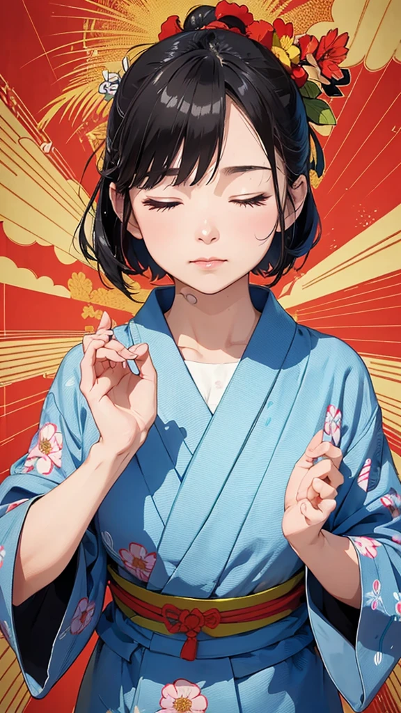 (masterpiece, Highest quality:1.1), (Popart Style),Flat Color,One Woman、yukata,Japan,Osaka、Hozenji Alley、Water-sprinkling immovable、I am praying、Hands together、Eyes closed、Portrait Photography, sharp,An illustration:Don'unreadable,