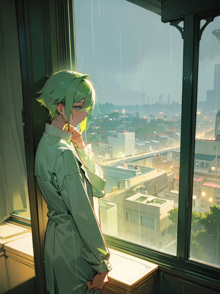 Effeminate boy with long light green hair admiring the rainy view from his luxury room