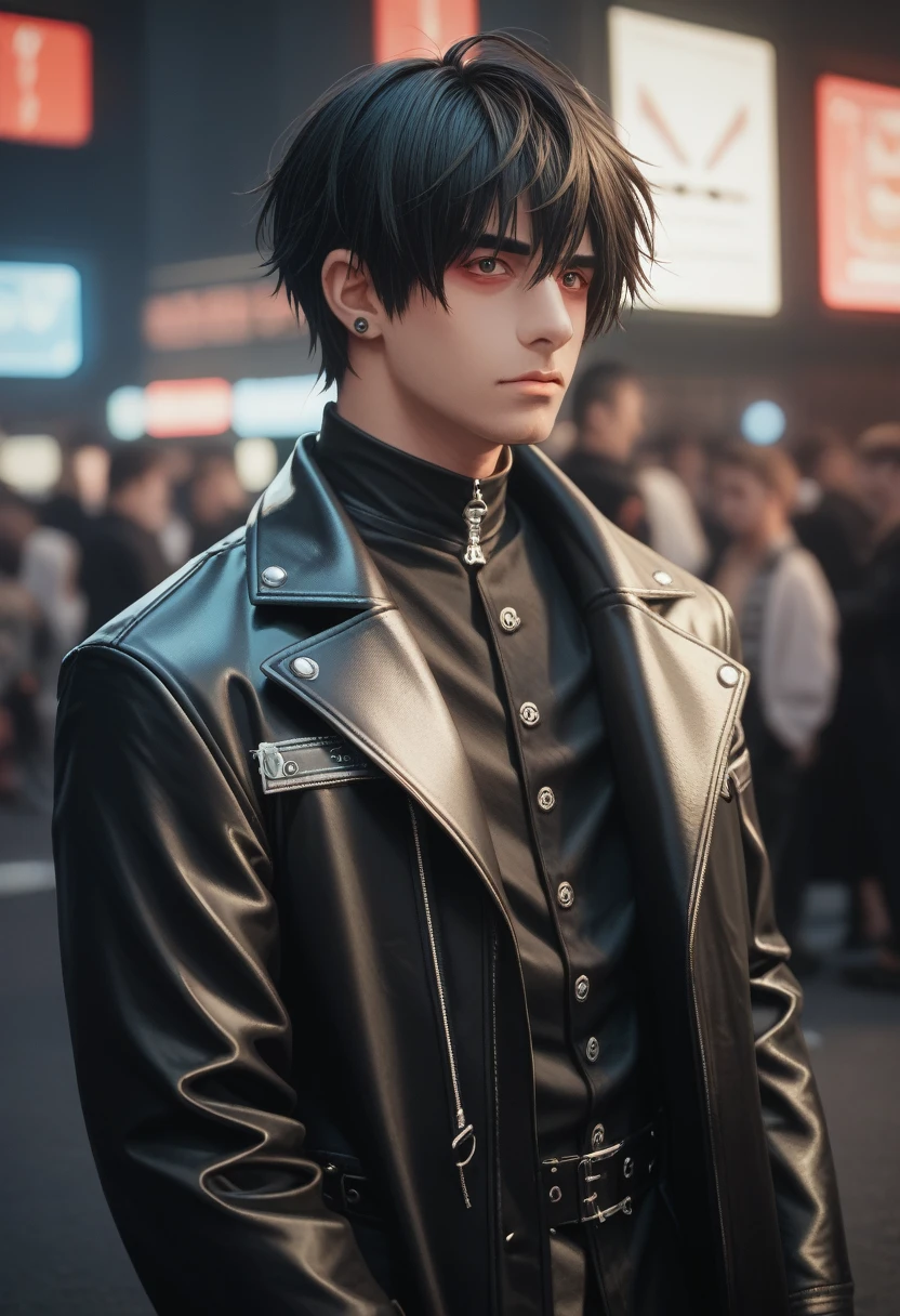 masterpiece, best quality, 1 person, aldult, Male focus, Solitary, Medium black hair, Vibrant dark eyes, Looking at the audience, Shut up, Emo, Fantasy Aesthetics, Very detailed, Shadowverse Style, Leather coat