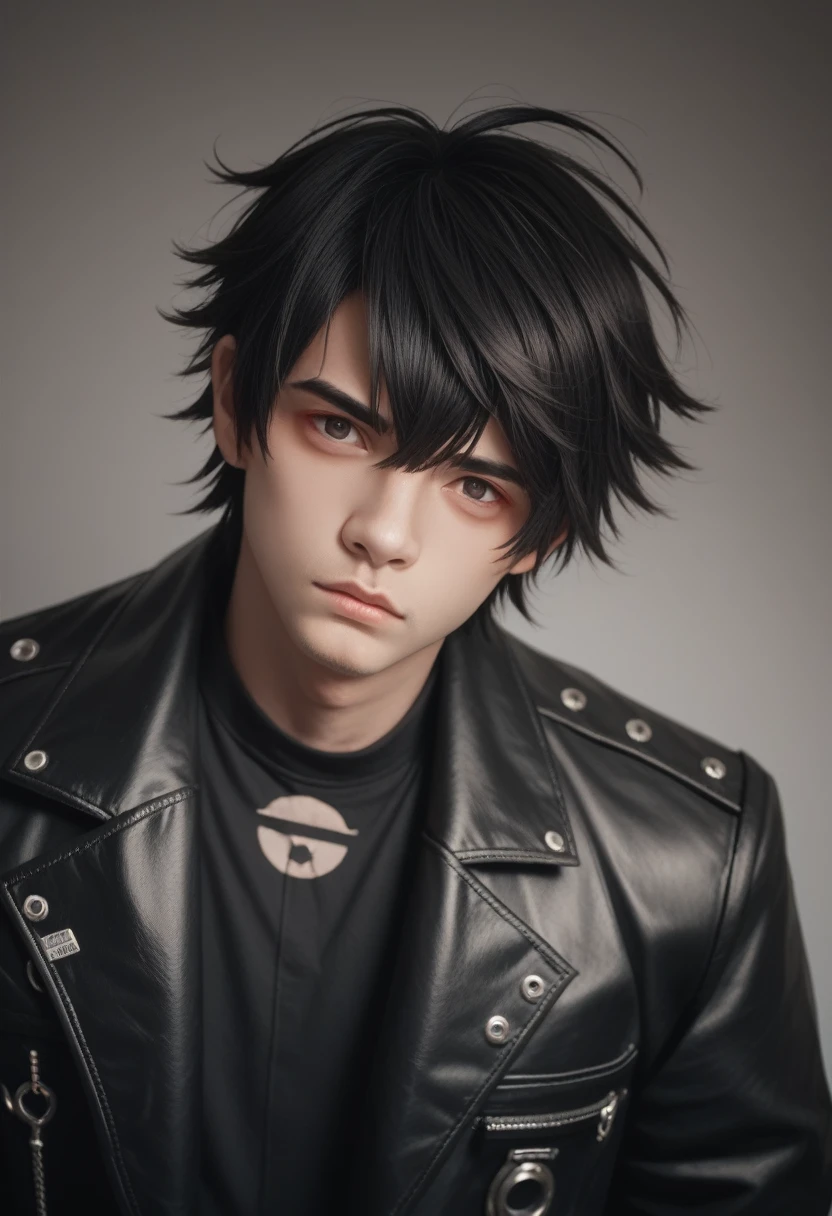 masterpiece, best quality, 1 person, aldult, Male focus, Solitary, Medium black hair, Vibrant dark eyes, Looking at the audience, Shut up, Emo, Fantasy Aesthetics, Very detailed, Shadowverse Style, Leather coat