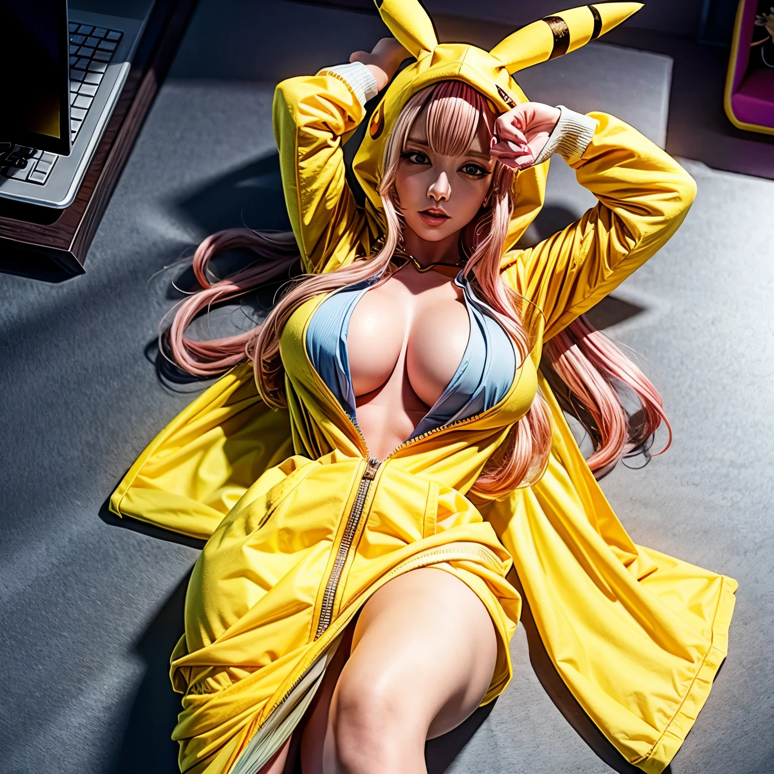 PUNIPUNI, a beautiful Pink hair gamer girl, beautiful detailed Blue eyes with (Sparkling Highlights:1.28), beautiful detailed lips,extremely detailed eyes and face,longeyelashes,in a (((Yellow Pikachu hoodie))) (Moe Sleeves:1.2), (Professional photo:1.37), Huge breasts (Overflowing Gigantic cleavage:1.28) close up down blouse, (perfect lighting) navel, Radiant PearlSkin with Transparency, Dynamic Joyful Expressions LifeLike Rendering, ((Lying Back from Directly Above:1.2))