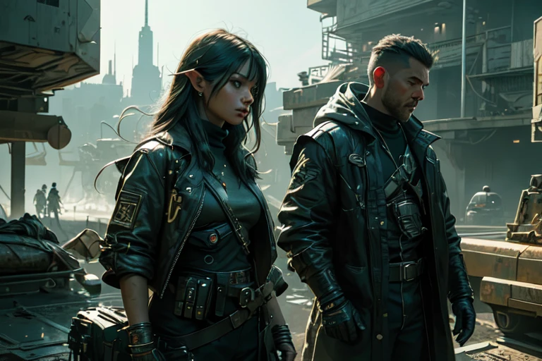 High-quality 4K, Beautiful light and shadow, Atmosphere, An attractive scene that evokes youth, Alien City, Bounty hunter woman with long ears, High-end clothing, Digital Painting, Detailed artwork, Sharp focus, Artistic depiction