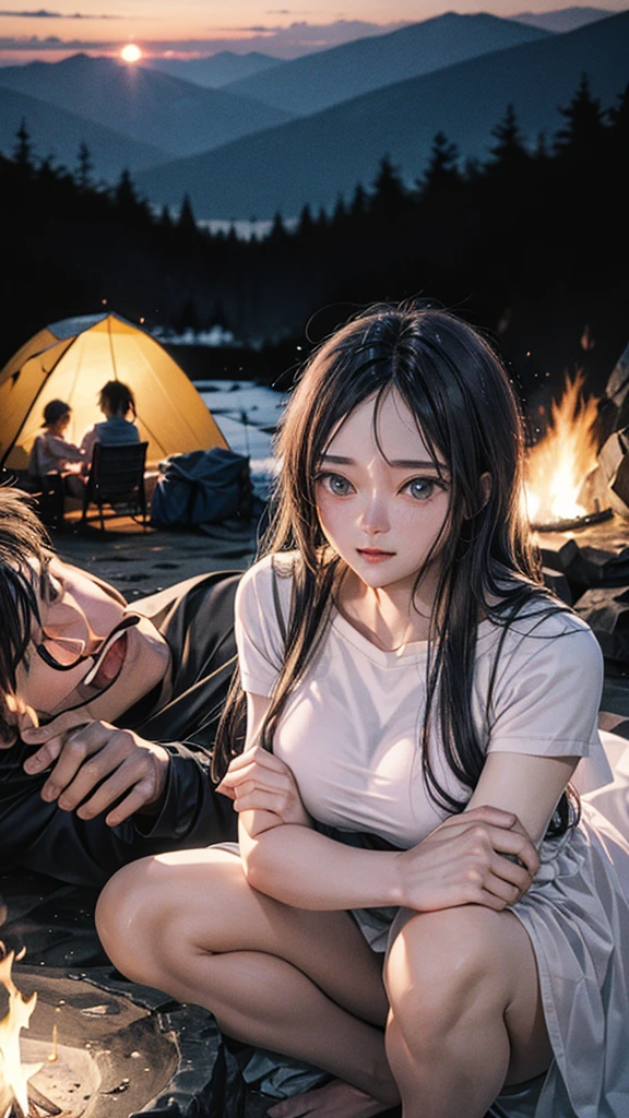 A couple is camping on top of the mountain. The couple is wearing short clothes and the girl has big hips. It is evening and the fire is burning.