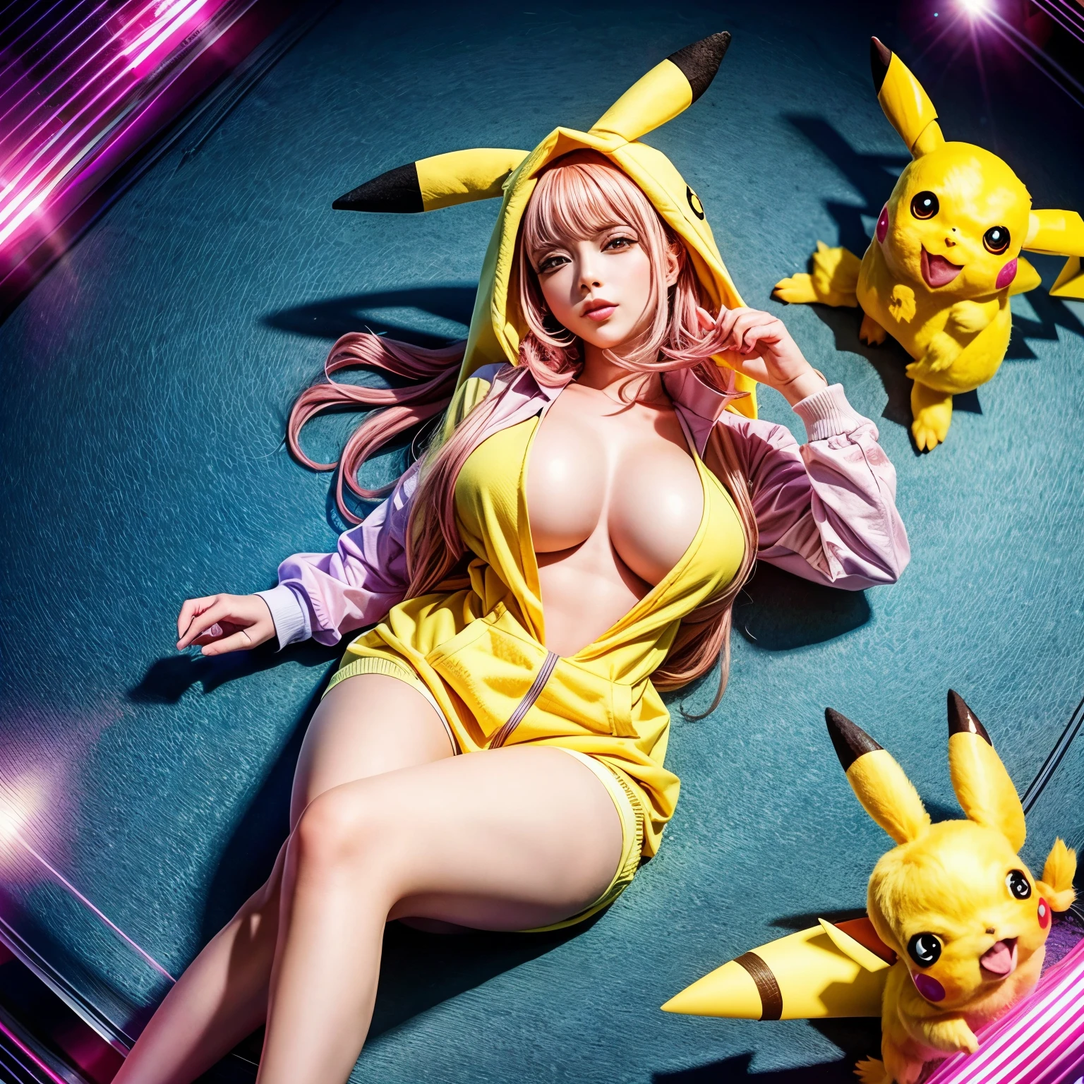 PUNIPUNI, a beautiful Pink hair gamer girl, beautiful detailed Blue eyes with (Sparkling Highlights:1.28), beautiful detailed lips,extremely detailed eyes and face,longeyelashes,in a (((Yellow Pikachu hoodie))) (Moe Sleeves:1.2), (Professional photo:1.37), Huge breasts (Overflowing Gigantic cleavage:1.28) close up down blouse, (perfect lighting) navel, Radiant PearlSkin with Transparency, Dynamic Joyful Expressions LifeLike Rendering, ((Lying Back from Directly Above:1.2))