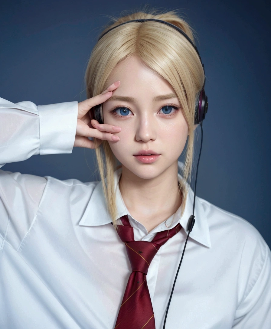 blond haired woman with headphones and a tie posing for a picture, hyperrealistic , a hyperrealistic , hyper realistic anime, realistic , anime girl in real life, realistic cosplay, sakimichan frank franzzeta, photorealistic anime, anime realism style, realistic anime 3 d style, anime realism, ig model | artgerm