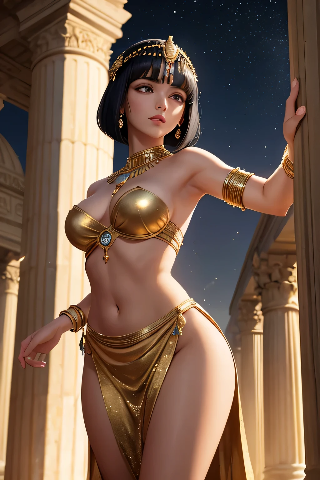 "Cleopatra with a short bob haircut of black hair, performing a dance in front of a large crowd at night. She is adorned in an elegant, shimmering gown that catches the moonlight, her arms and neck adorned with sparkling jewelry. The stage is illuminated by torches and oil lamps, casting a mystical glow over the scene. The ancient city of Alexandria's grand columns and frescoes are faintly visible in the background, bathed in the soft light of the moon and stars. The crowd is mesmerized, watching as Cleopatra moves with grace and elegance, her presence exuding the enchantment of ancient Egypt.",(((naked)))