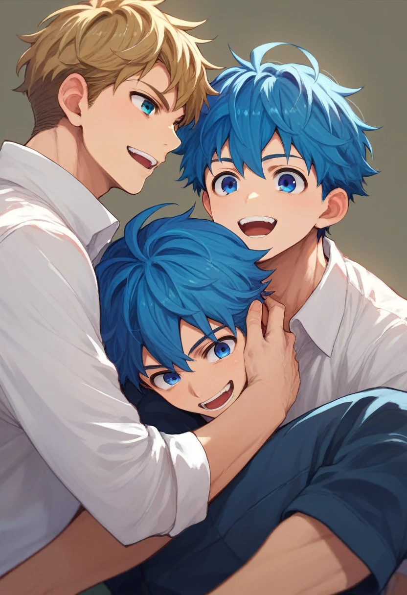 sgnjd\(a\),araki hirohiko (style), open mouth, smile,blue hair,blue eyes,boy