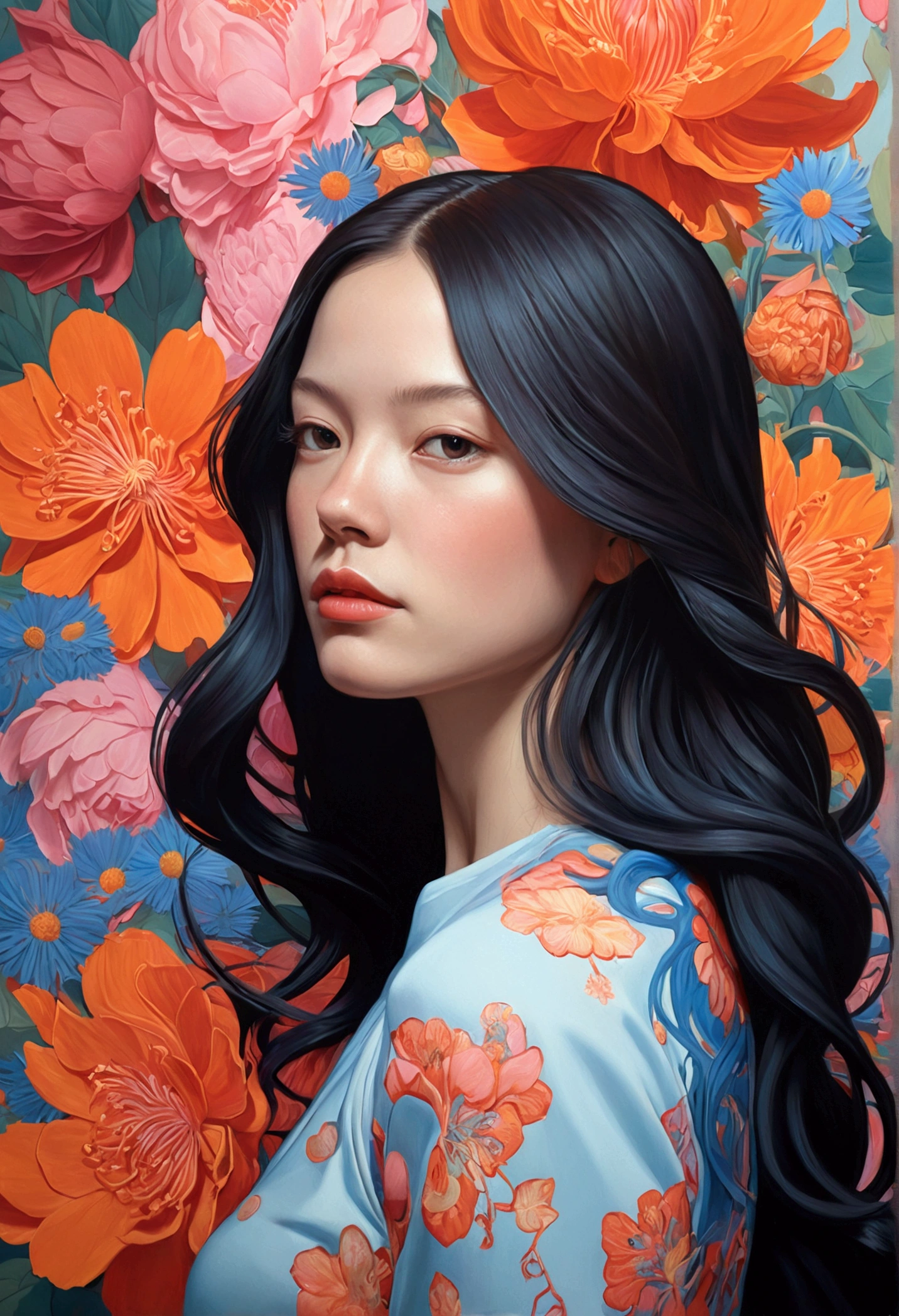 Painting of a woman with long hair and flowers, Ultra-fine detailed paintings inspired by James Jean, Reddit, neo-fauvism, James Jean and Petra Cortright, James Jean Mark, JamesJean」, James Jean Andrey Ryabovitchev, Kilian Eng: Vivid Colors, James Jean Soft Light 4K, Kilian Eng: Vivid Colors