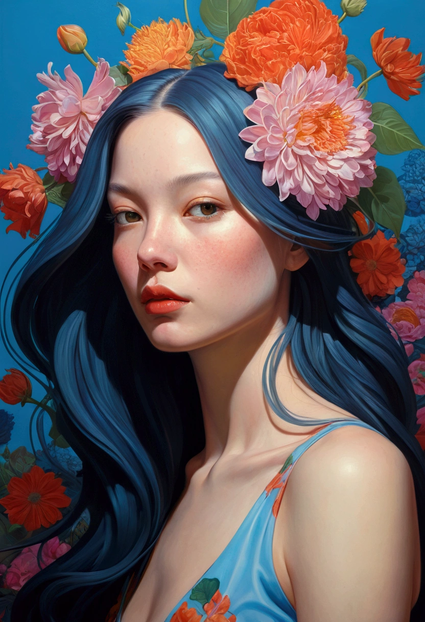 Painting of a woman with long hair and flowers, Ultra-fine detailed paintings inspired by James Jean, Reddit, neo-fauvism, James Jean and Petra Cortright, James Jean Mark, JamesJean」, James Jean Andrey Ryabovitchev, Kilian Eng: Vivid Colors, James Jean Soft Light 4K, Kilian Eng: Vivid Colors