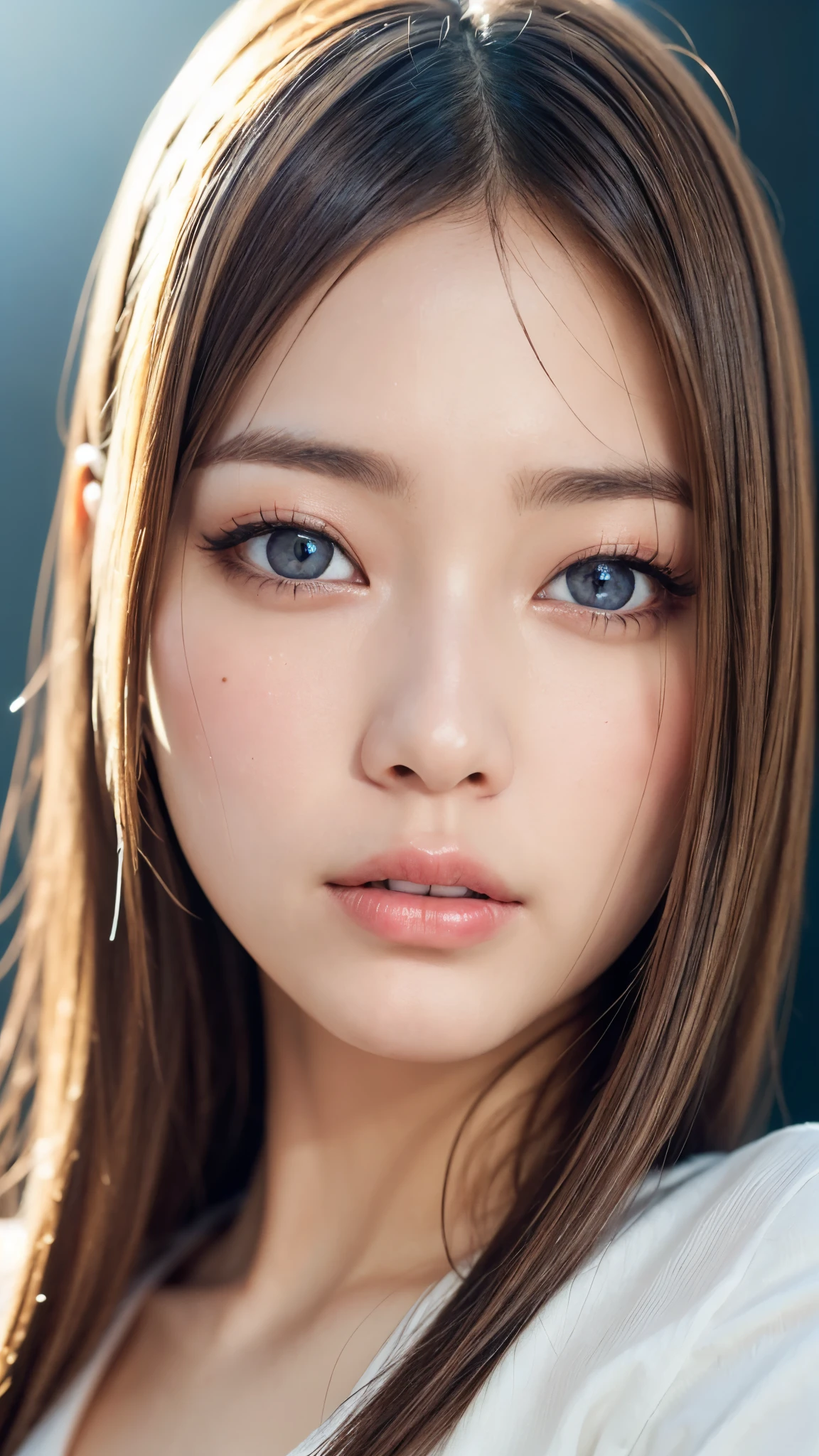 (masterpiece),(Highest quality),(Very detailed),(High resolution),(Photorealistic Stick),(RAW Photos),16K,Cinema Lighting,a woman in a white shirt,Soft Portrait Photography,(Japanese gal style woman),Gorgeous face portrait,Eye light,Sharp pupils,(perfecteyes eyes:1.6),Very beautiful face,(Skin Texture:1.2),Beautiful portrait,A lovely and delicate face,Beautiful young Japanese woman,Beautiful Long Hair,Looking at the camera,(Sleepy face:1.3),(Written boundary depth),(Sophisticated lighting:1.2),(front;1.6),(((Background is white:1.6)))