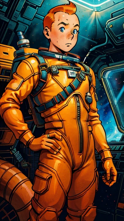 (Teens:1man: Tintin), (extremely detailed CG unit 8k wallpaper),(master part), (best quality), (ultra detali), (best illustration),(lora:masamuneshirow:0.7), cowboy shot, (Sharp eyeliner, ombre, detailed eyes:1),Dark midnight derelict spaceship interiors background, ,break , (astronaut in an orange space suit), upper body, short hair, orange hair