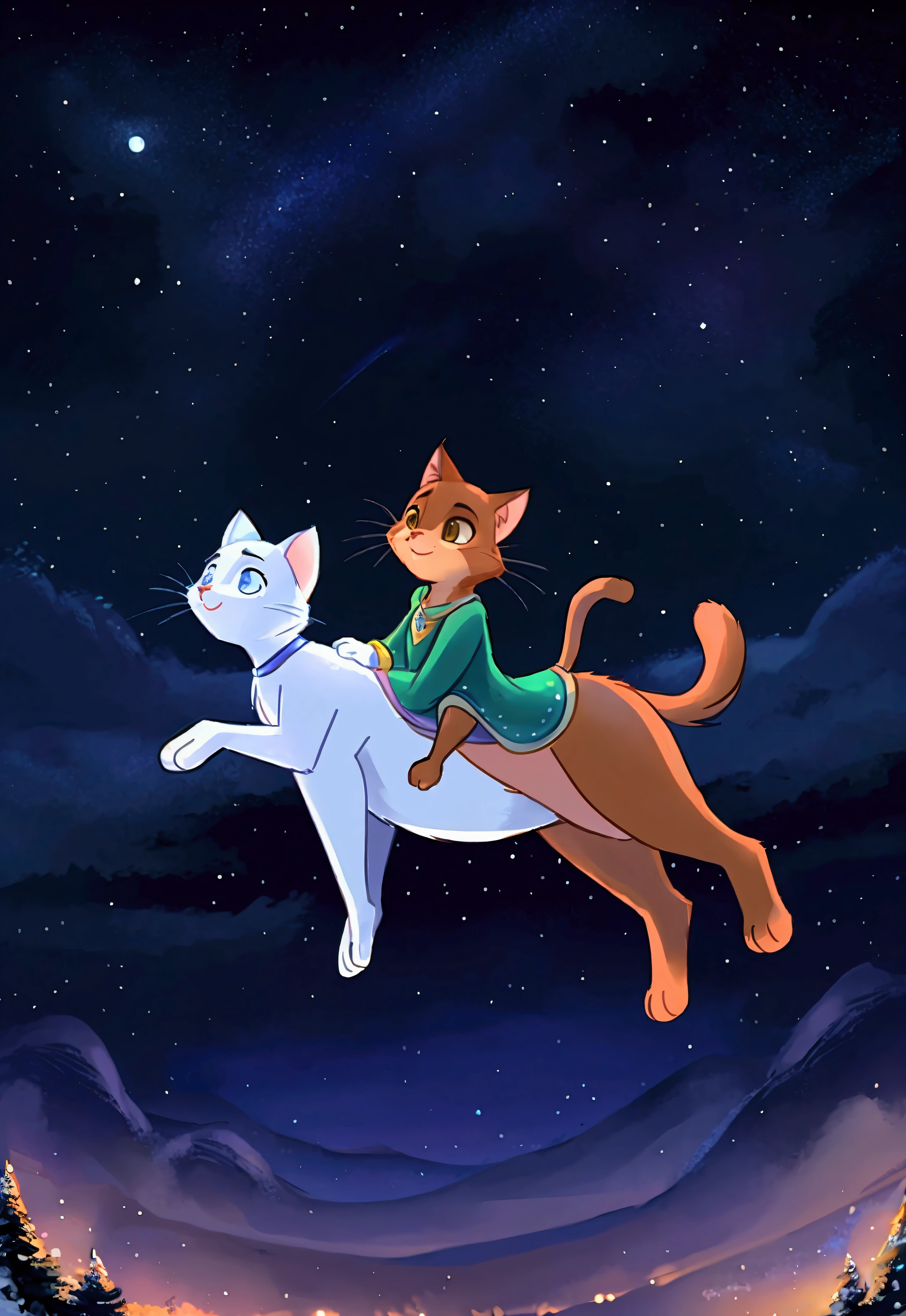 "Please create an illustration in the style of a Disney movie, featuring two cats riding on a magic carpet. The scene should depict a white cat and a brown cat flying joyfully together. Include a starry sky or nighttime cityscape in the background to create an enchanting and captivating atmosphere."