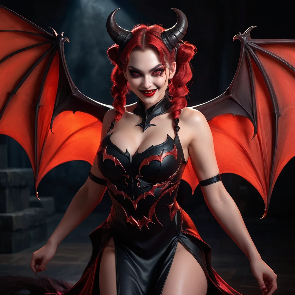 female demon, Lilith, (full body:1.55), (beautiful detailed eyes glowing red:1.4), (Large bat-like demon wings:1.4), (hair tied in two ponytails to form large bull horns), raised arms showing armpits, squatting with legs wide apart, beautiful detailed lips, extremely detailed eyes and face, long eyelashes, smiling, black long dress, (best quality,4k,8k,highres,masterpiece:1.2),ultra-detailed,(realistic,photorealistic,photo-realistic:1.37),detailed skin, intricate details, dramatic lighting, dark fantasy, chiaroscuro, moody atmosphere, deep shadows, warm color palette, rich textures, cinematic composition, intense gaze, 