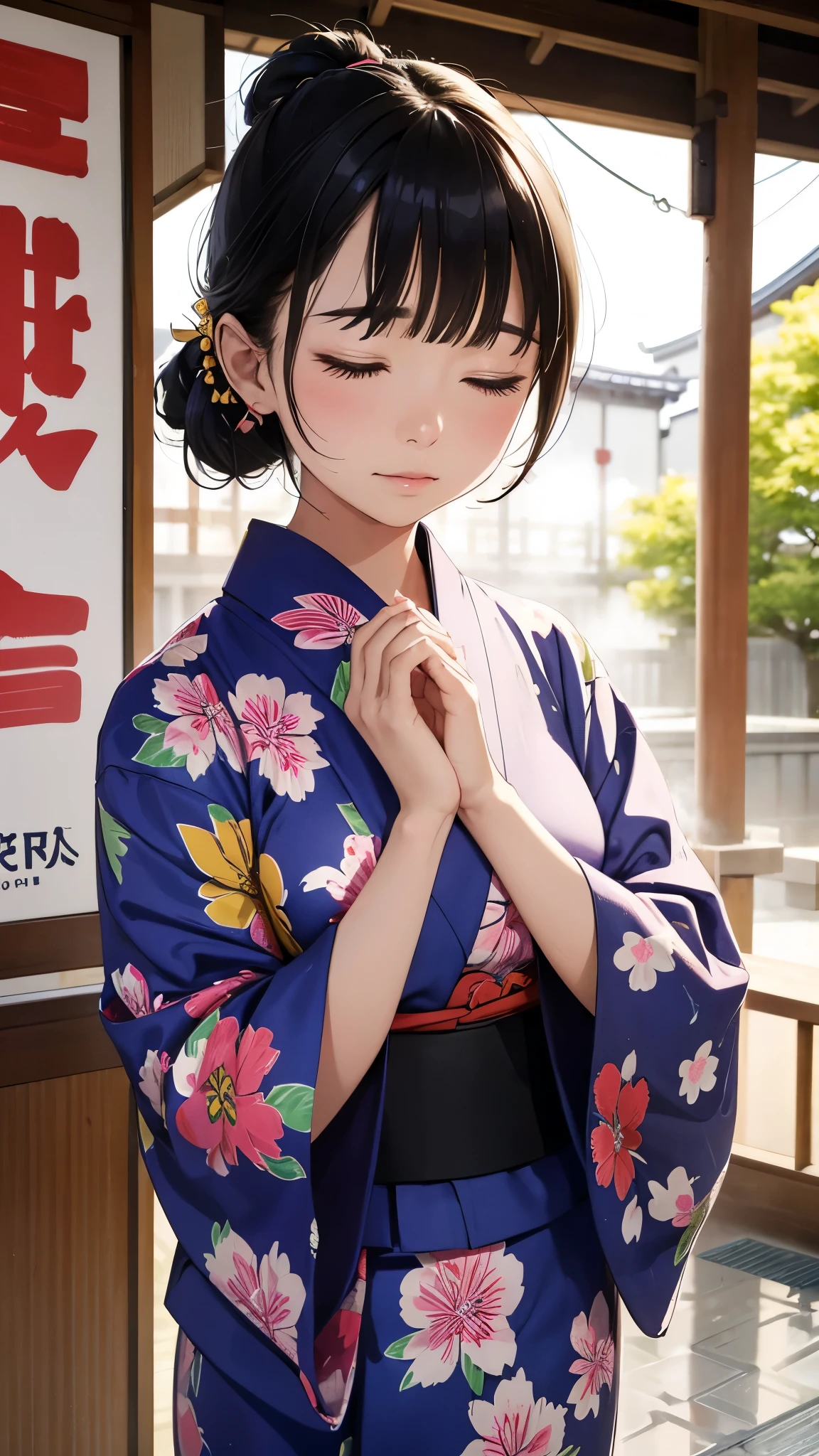 (masterpiece, Highest quality:1.1), (Popart Style),Flat Color,One Woman、yukata,Japan,Osaka、Hozenji Alley、Water-sprinkling immovable、I am praying、Hands together、Eyes closed、Portrait Photography, sharp,An illustration:Don'unreadable,