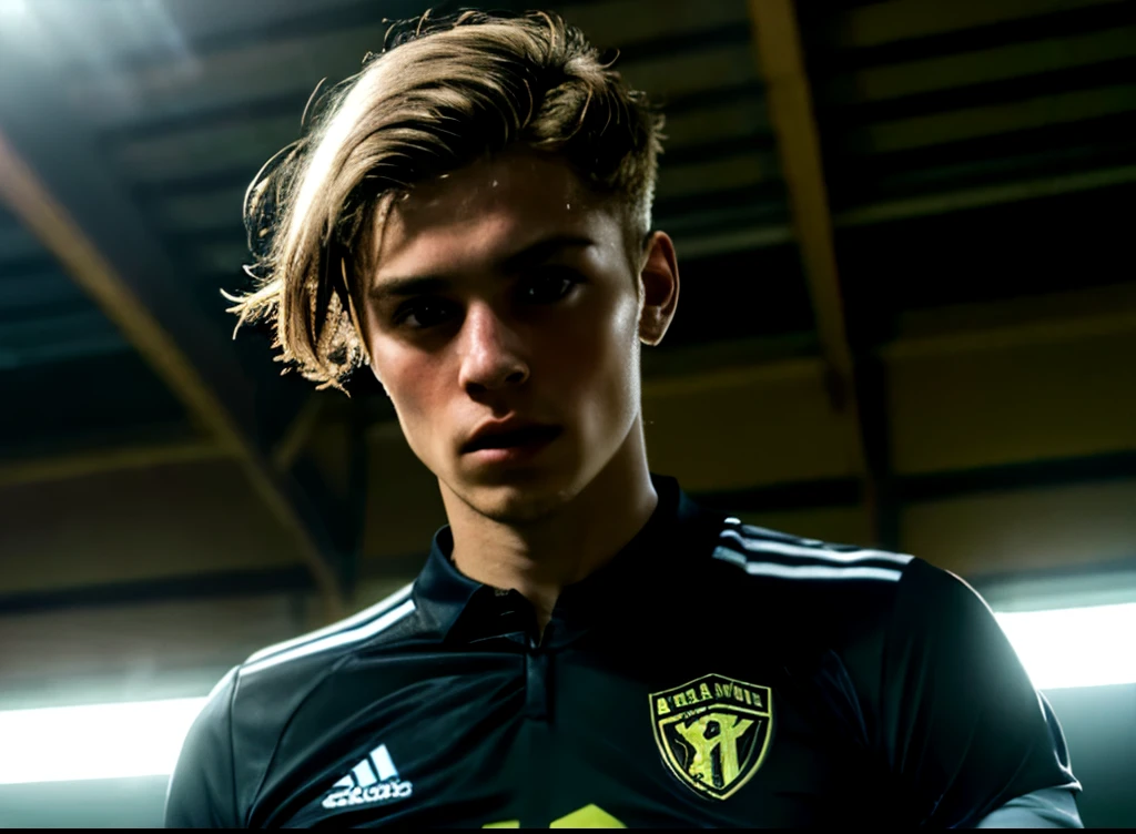 a 23 year old Slovenian soccer midfielder with ginger hair, preppy haircut, black skin, afro skin, wearing a black jersey, looking directly at the camera, (best quality,4k,8k,highres,masterpiece:1.2),ultra-detailed,(realistic,photorealistic,photo-realistic:1.37),highly detailed portrait, realistic lighting, dramatic lighting, cinematic, vibrant colors, sharp focus