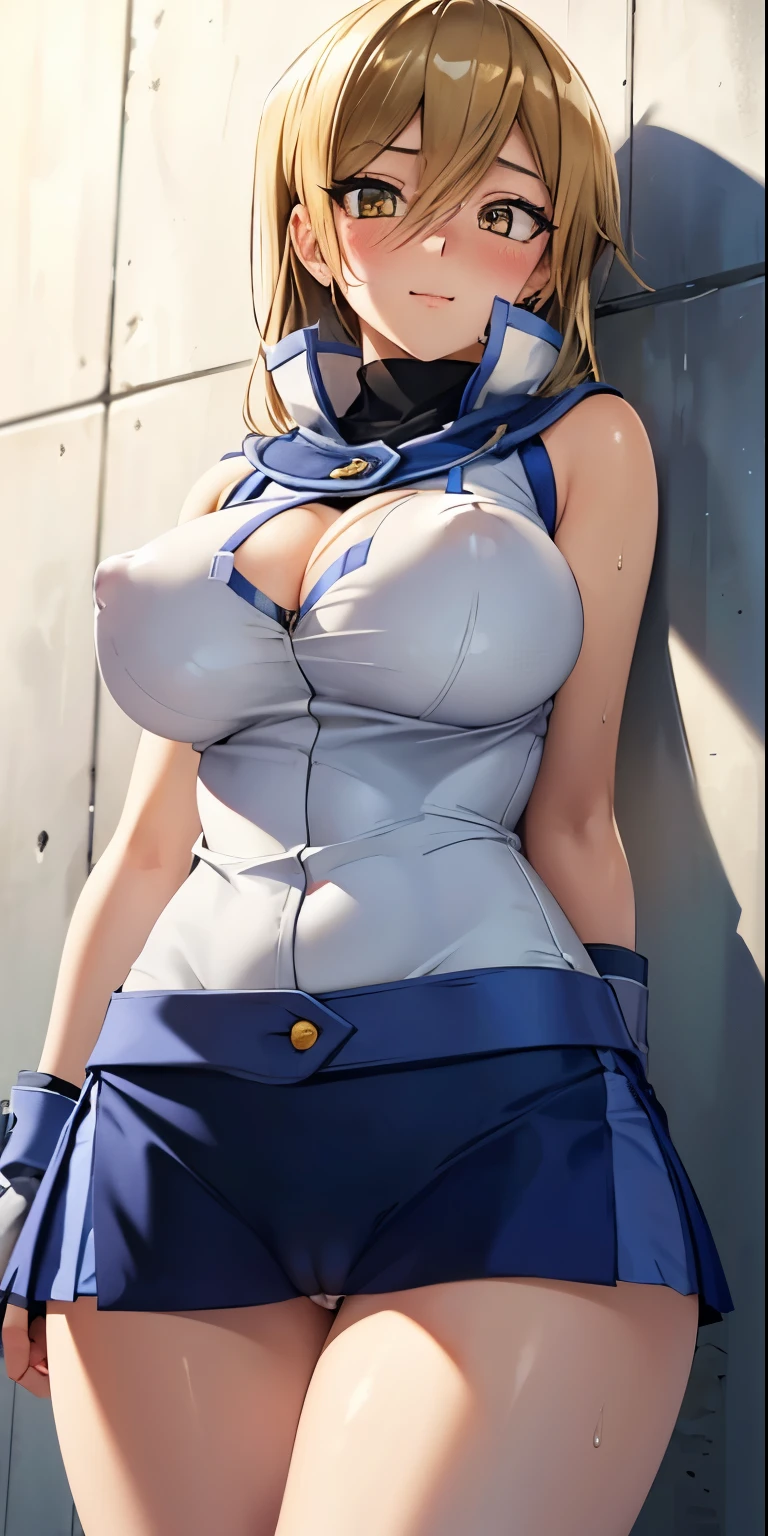 1 Female,High definition,high resolution,Ultra-realistic,8K, ta1,blonde hair,yellow eyes, white jacket, sleeveless, blue skirt,tight skirt , miniskirt,fingerless gloves,European,sexy,Upper body close-up,Photographed from the front,Dynamic Angles,blush, big tits ,nipples , happy, wink the eye,facial, sweat,multicolored hair ,(wide thighs:1.4),(white panties),(show panties), detailed face, detailed eyes,cute face ,closed mouth,(cameltoe)