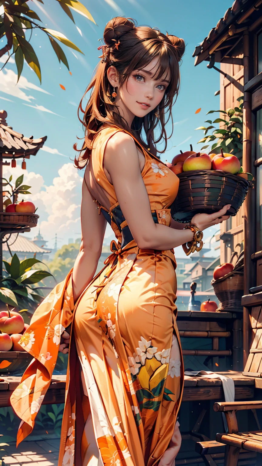 One girl, Cowboy Camera, A gorgeous embroidered Chinese dress、Deep slit、High heels、Bun Hair、Woven bamboo basket((apple、orange、Peach、banana))、blue sky、Stone steps、look back、
