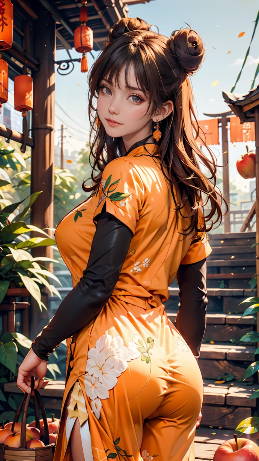 One girl, Cowboy Camera, A gorgeous embroidered Chinese dress、Deep slit、High heels、Bun Hair、Woven bamboo basket((apple、orange、Peach、banana))、blue sky、Stone steps、look back、