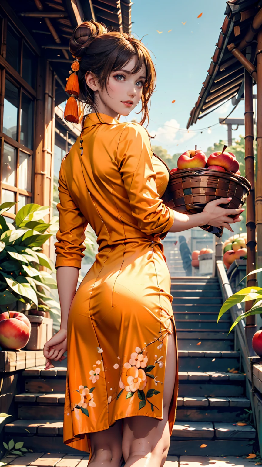 One girl, Cowboy Camera, A gorgeous embroidered Chinese dress、Deep slit、High heels、Bun Hair、Woven bamboo basket((apple、orange、Peach、banana))、blue sky、Stone steps、look back、