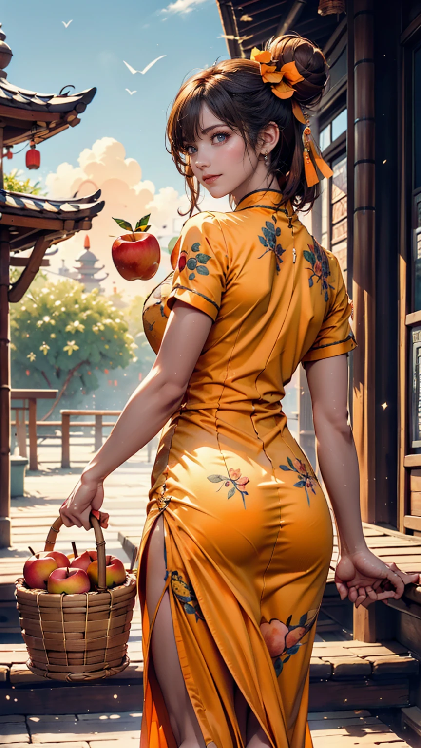 One girl, Cowboy Camera, A gorgeous embroidered Chinese dress、Deep slit、High heels、Bun Hair、Woven bamboo basket((apple、orange、Peach、banana))、blue sky、Stone steps、look back、