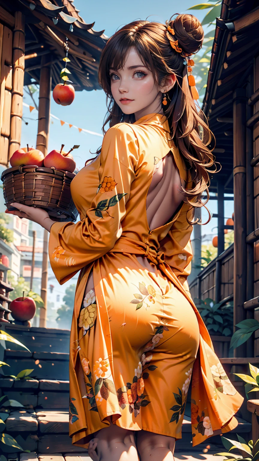 One girl, Cowboy Camera, A gorgeous embroidered Chinese dress、Deep slit、High heels、Bun Hair、Woven bamboo basket((apple、orange、Peach、banana))、blue sky、Stone steps、look back、