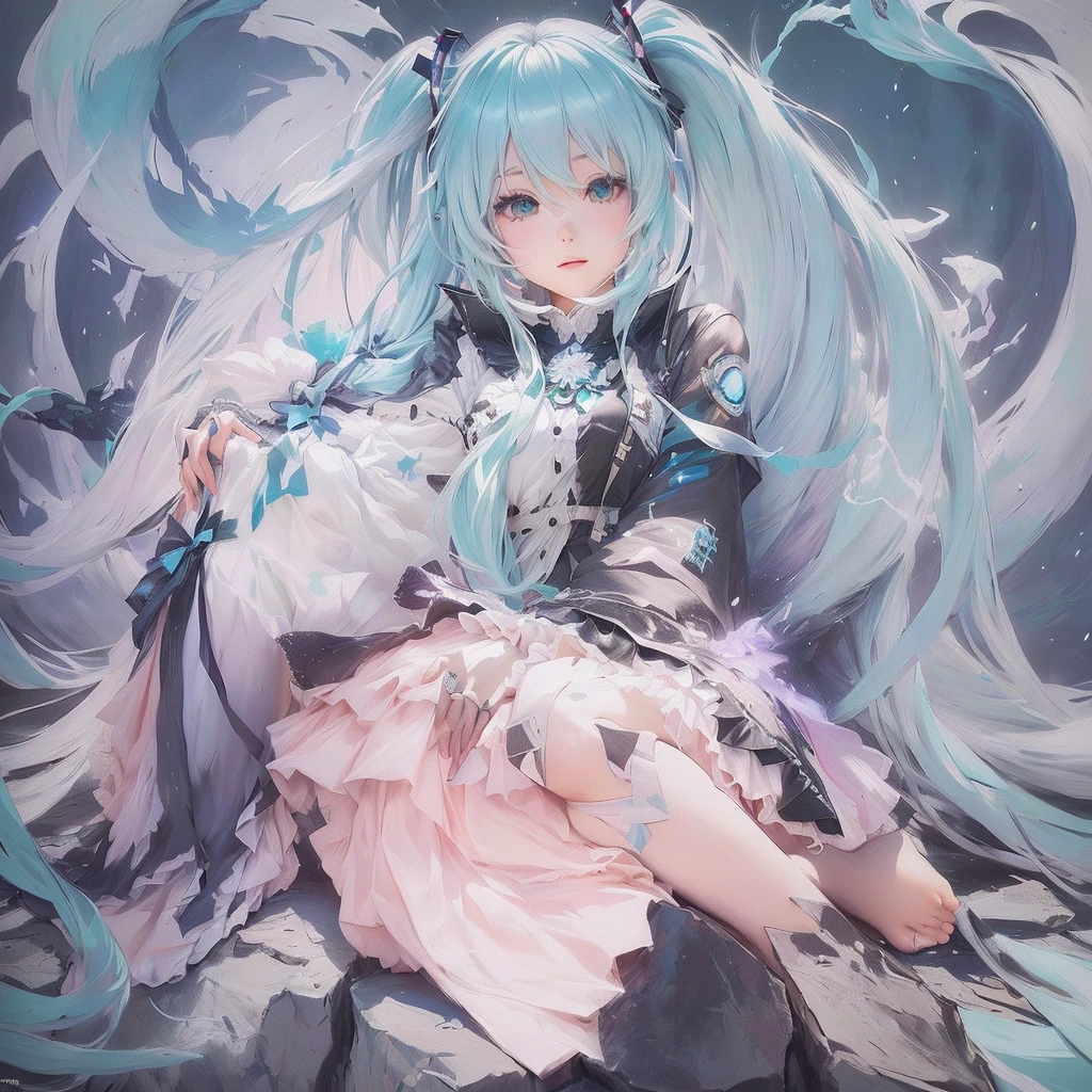 Anime girl with long white hair and blue eyes sitting on a rock, Hatsune Miku portrait, Hatsune Miku portrait, Digital art on Pixiv, artstation pixivでトレンド, Mikudayo, Anime Art Wallpapers 8K, Zerochan Art, Anime Style 4k, anime art wallpaper 4k, anime art wallpaper 4k, by Shimo