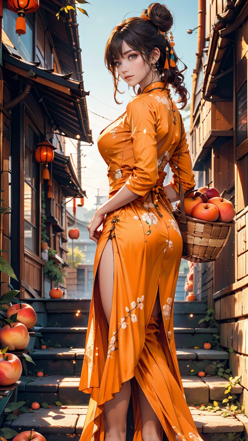 One girl, Cowboy Camera, A gorgeous embroidered Chinese dress、Deep slit、High heels、Bun Hair、Woven bamboo basket((apple、orange、Peach、banana))、blue sky、Stone steps、look back、