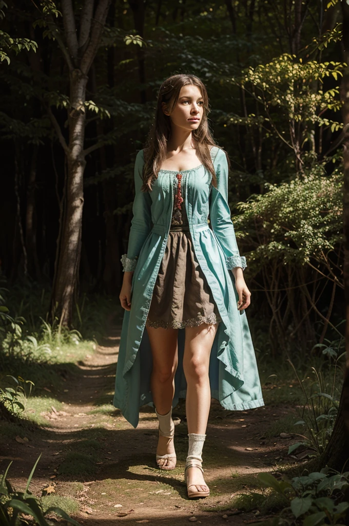 Illustration for a fairy tale about a girl, standing in the forest, who can talk to animals