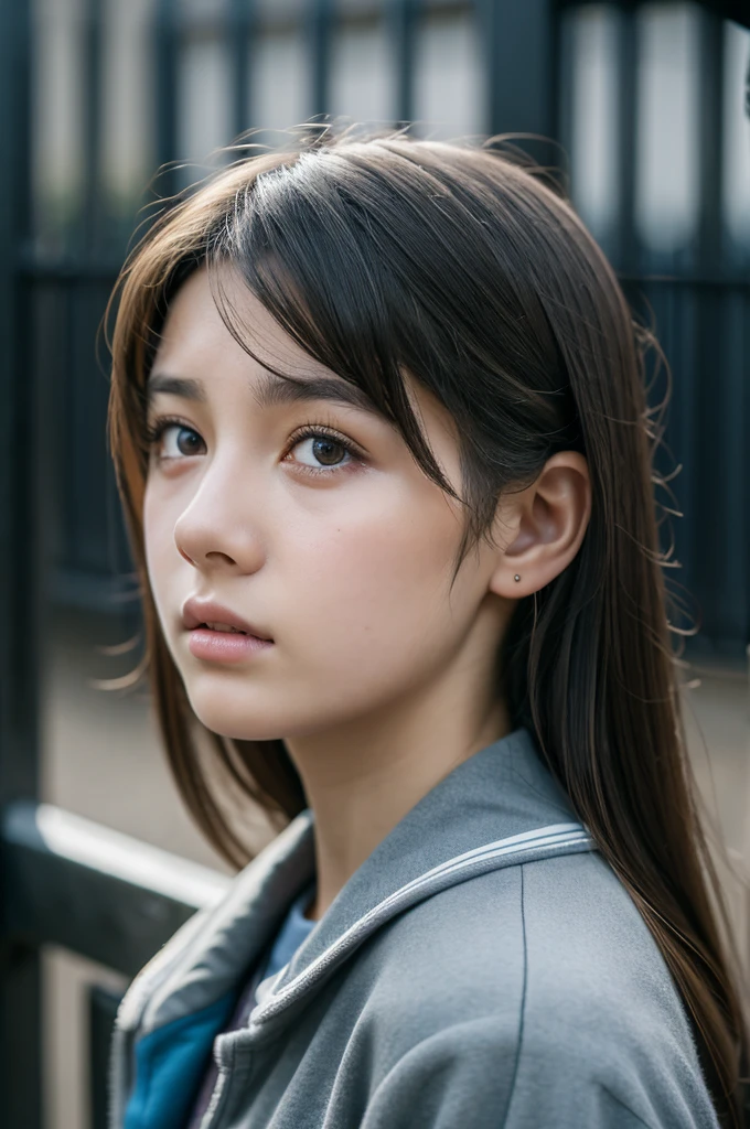a sad teenage girl, standing in front of a school gate, beautiful detailed eyes, beautiful detailed lips, extremely detailed face, long eyelashes, , somber expression, school building in the background, overcast sky, cinematic lighting, muted colors, atmospheric, emotional, photorealistic, 8k, best quality, masterpiece