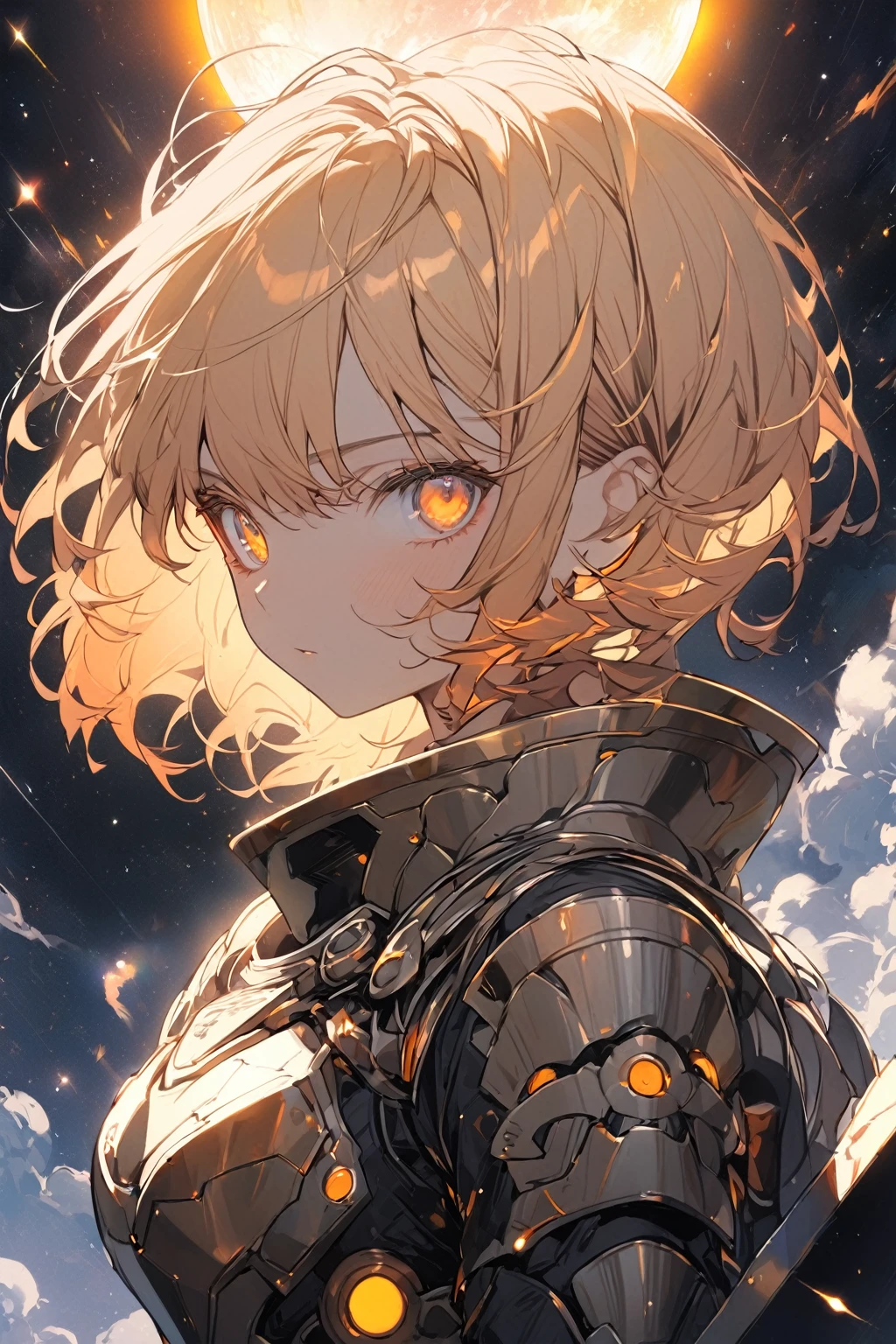 1 girl, light orange eyes, lush light yellow short hair, orange spot on the chest, dressed in metal armor, upper body, looks at the viewer, strict gaze, muscular physique, against the background of the cosmic sky, next to the sun, beautiful, detailed, metal shield, delicate tones