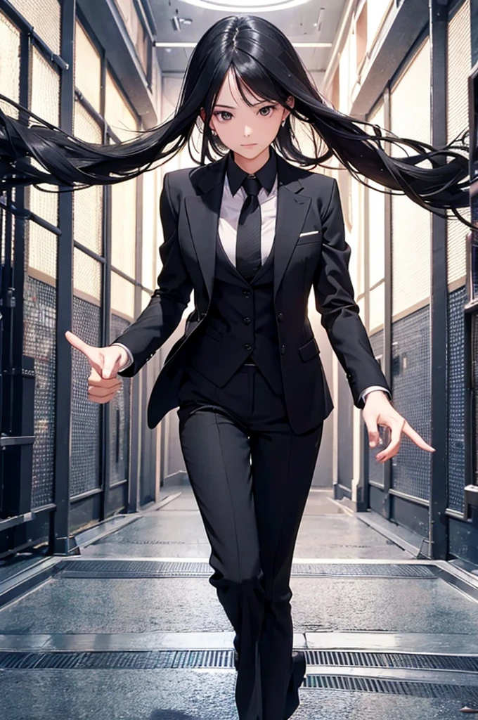 Highest quality、High resolution、Detailed Background、Beautiful face in every detail、Black suit、lawyer、Pointing finger,So that the whole body can be seen
