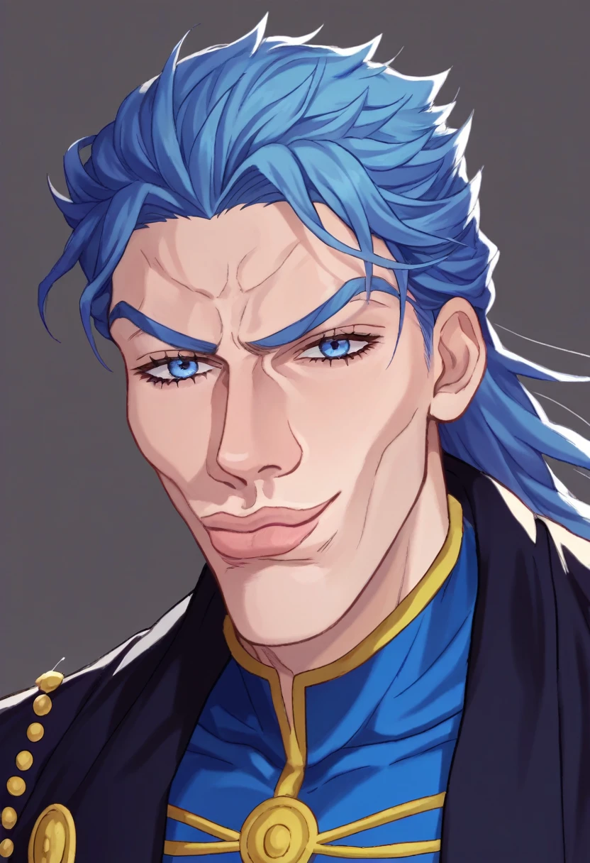score_9, score_8_up, score_7_up, source_anime, SkylerWhiteYo, closed mouth, smile, dmc5vergil, black coat, blue hair, blue eyes, JoJo, JoJo style, JoJo's Bizarre adventure